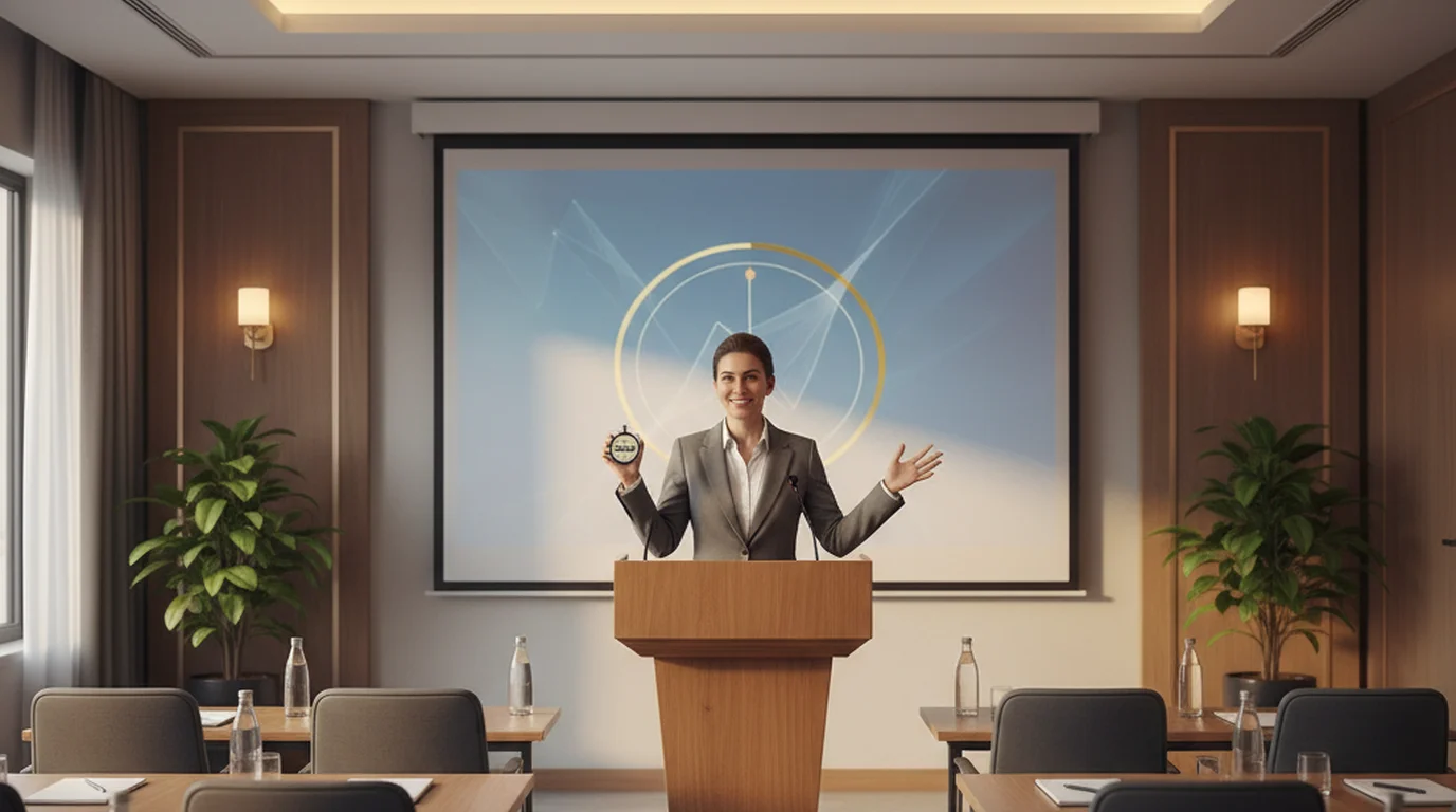 Person at a lectern giving a confident 1-minute speech with stopwatch in hand