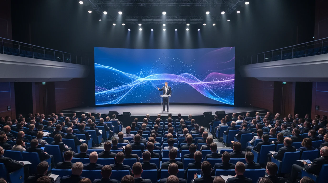 Keynote speaker on a large conference stage with presentation screen and professional audience