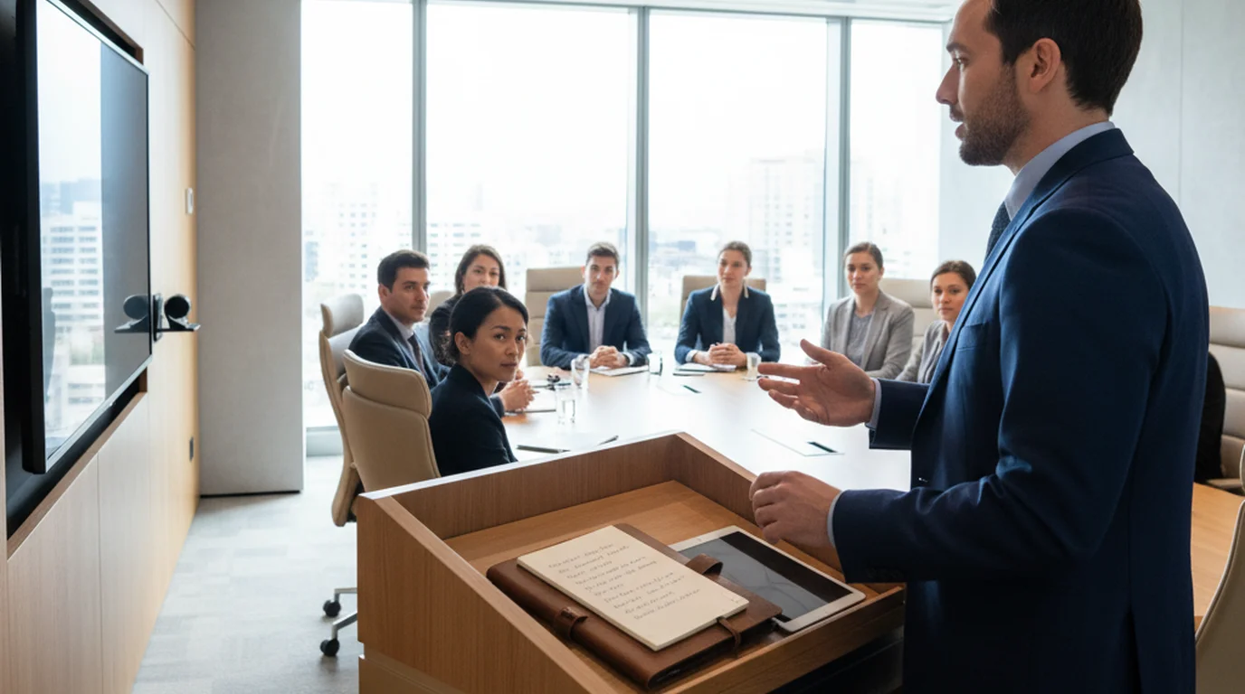 Business professional delivering a 5-minute presentation at a podium in a modern boardroom