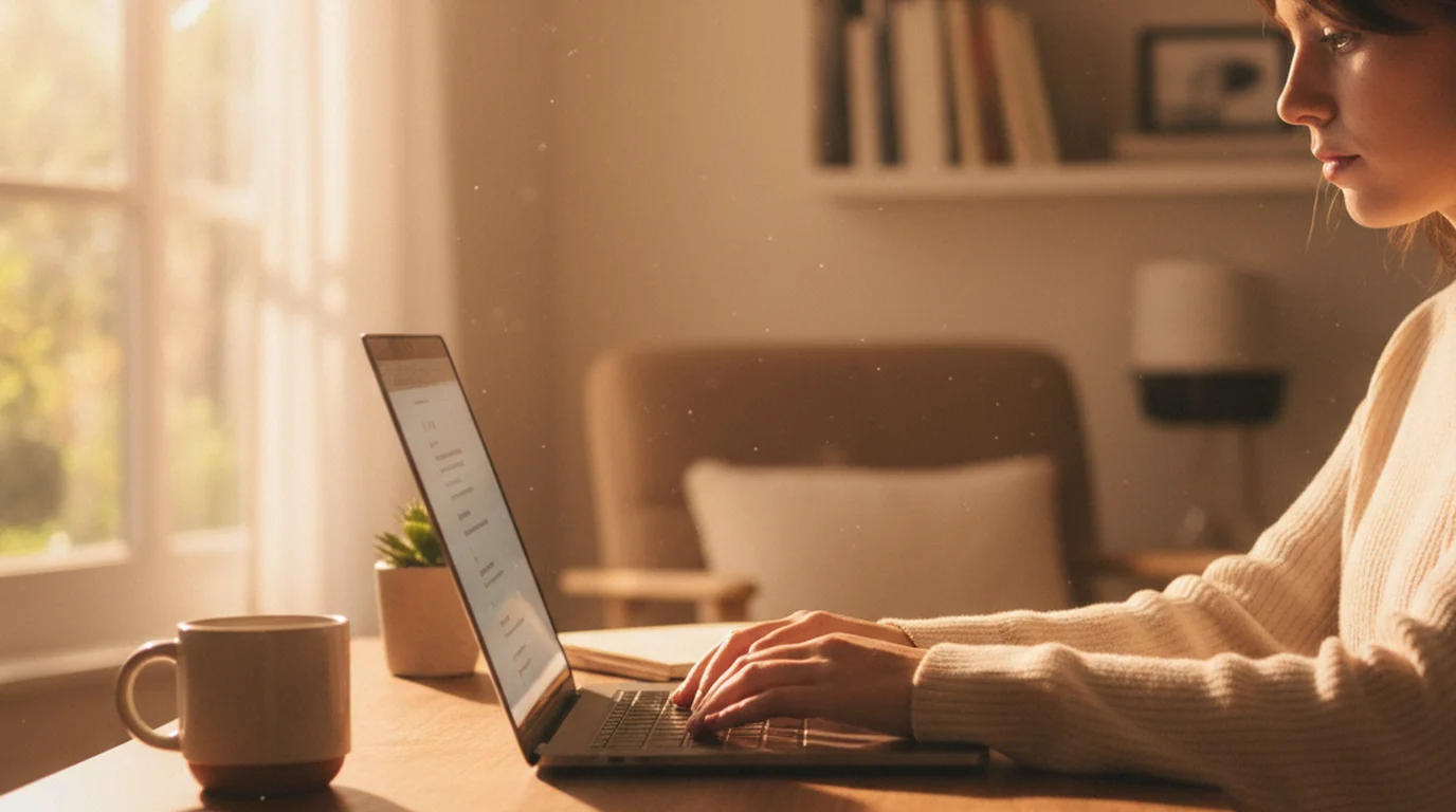 Person typing on laptop keyboard tracking words per minute speed in home office