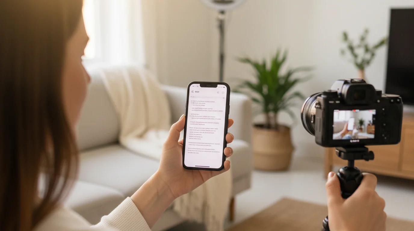 Creator reading script on iPhone in camera mode while recording talking head video