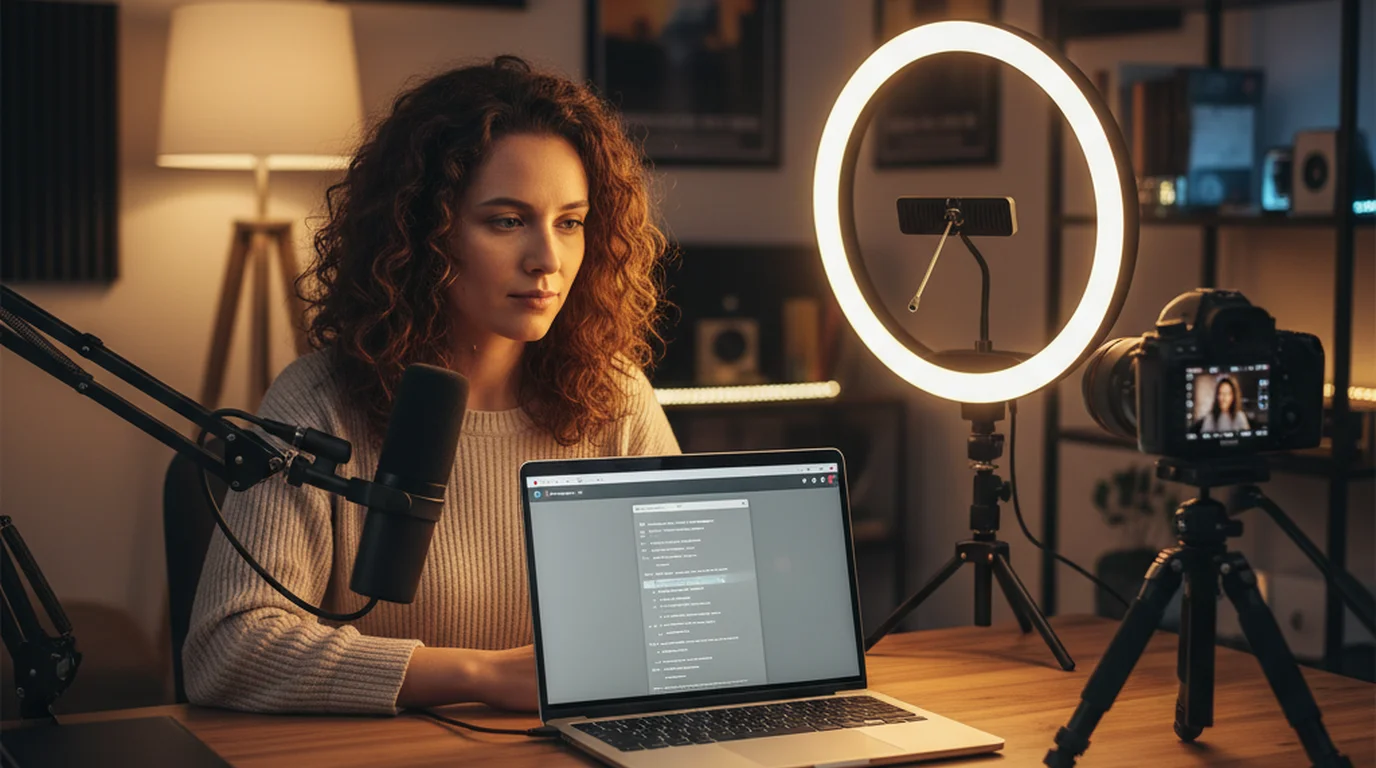Creator using a teleprompter software app on laptop