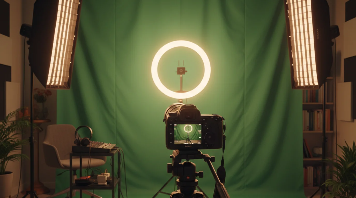Home studio video production setup with green screen background and camera on tripod