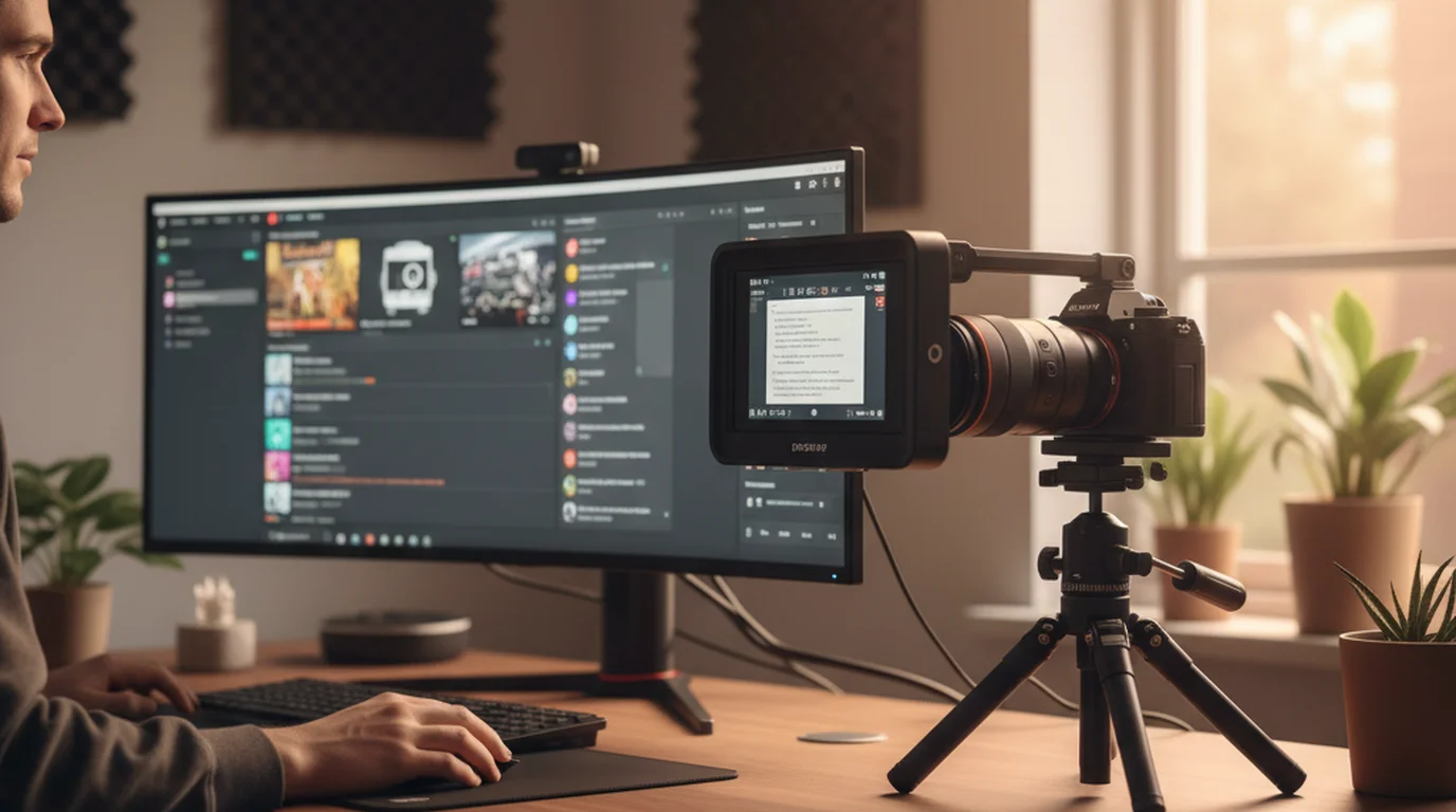 Elgato Prompter mounted in front of webcam on desk with software script displayed on monitor