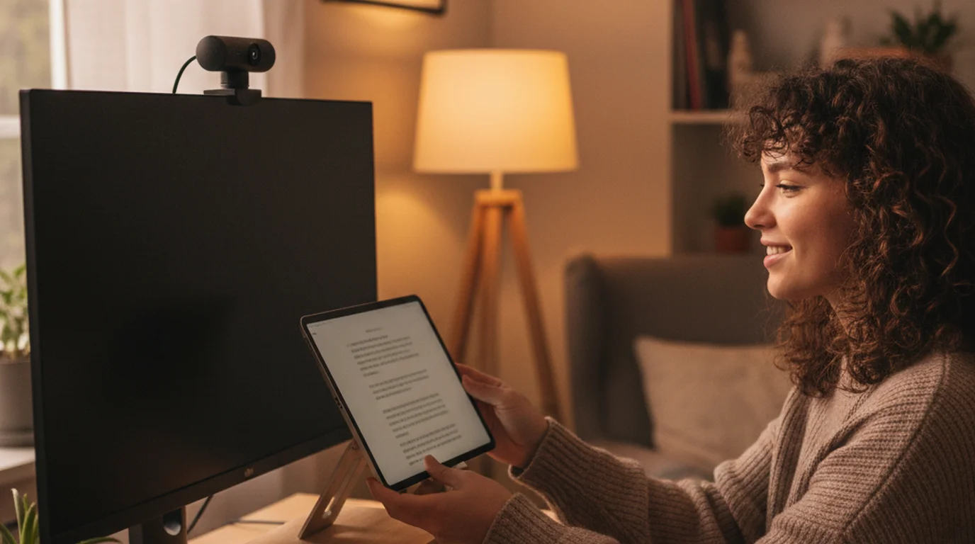 iPad mounted below camera lens as free Elgato Prompter alternative in home studio