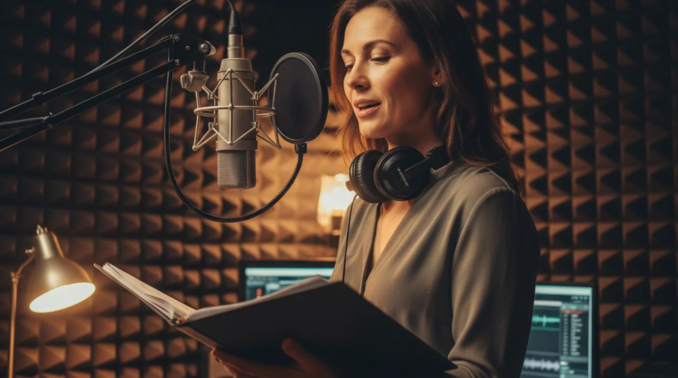 Professional voice actor recording in studio with large condenser microphone and acoustic foam panels