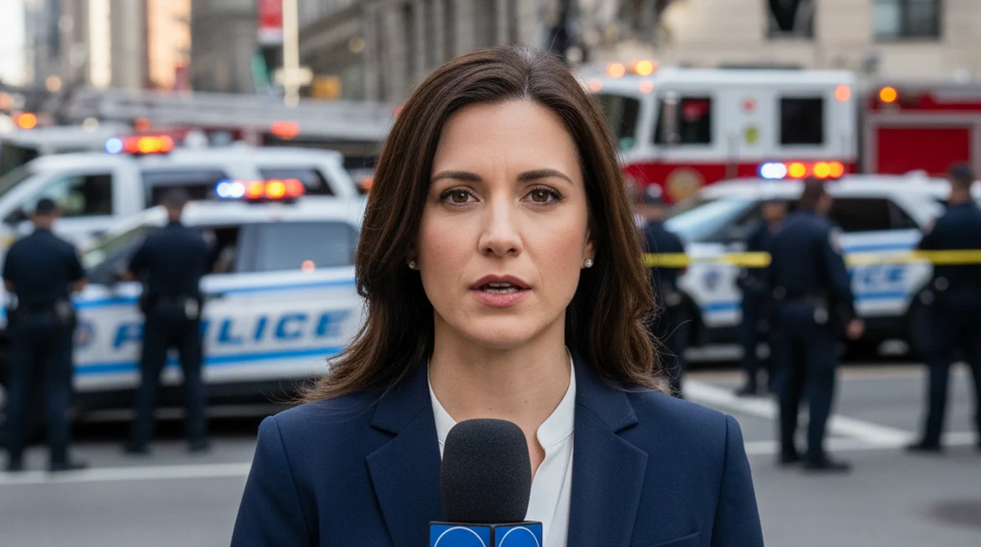 TV news reporter delivering a live field report without teleprompter