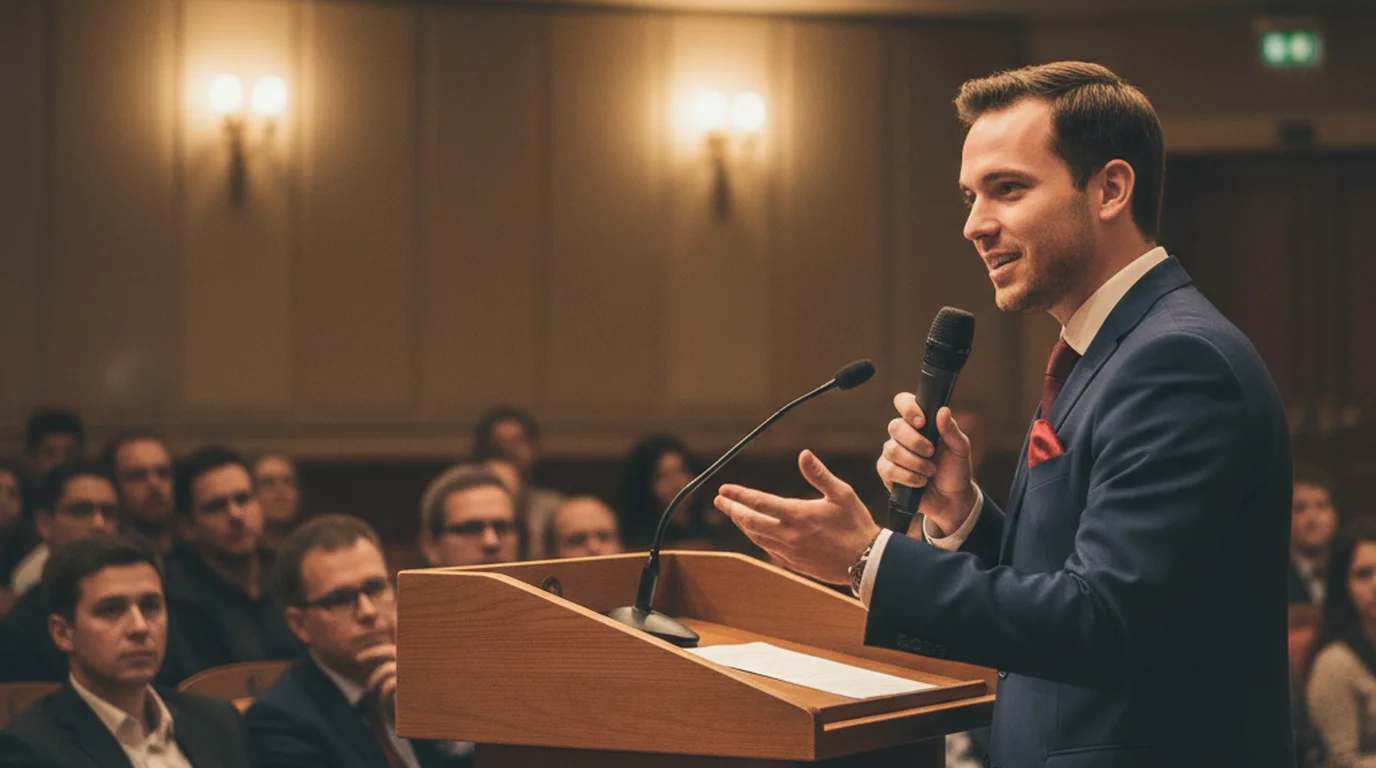 Confident speaker making a persuasive point at podium with engaged audience listening