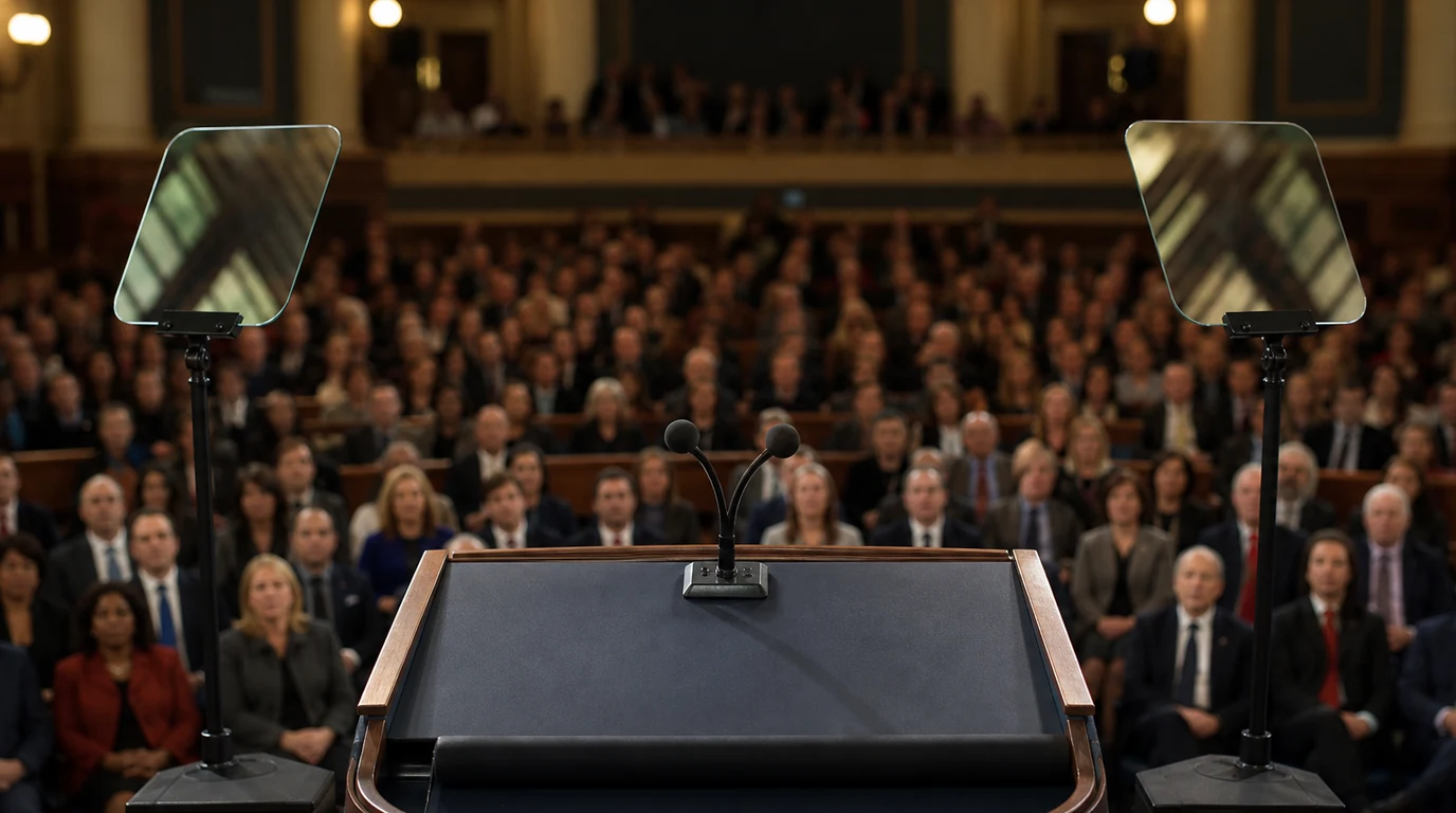 US president speaking at official podium with two glass teleprompter panels on floor stands
