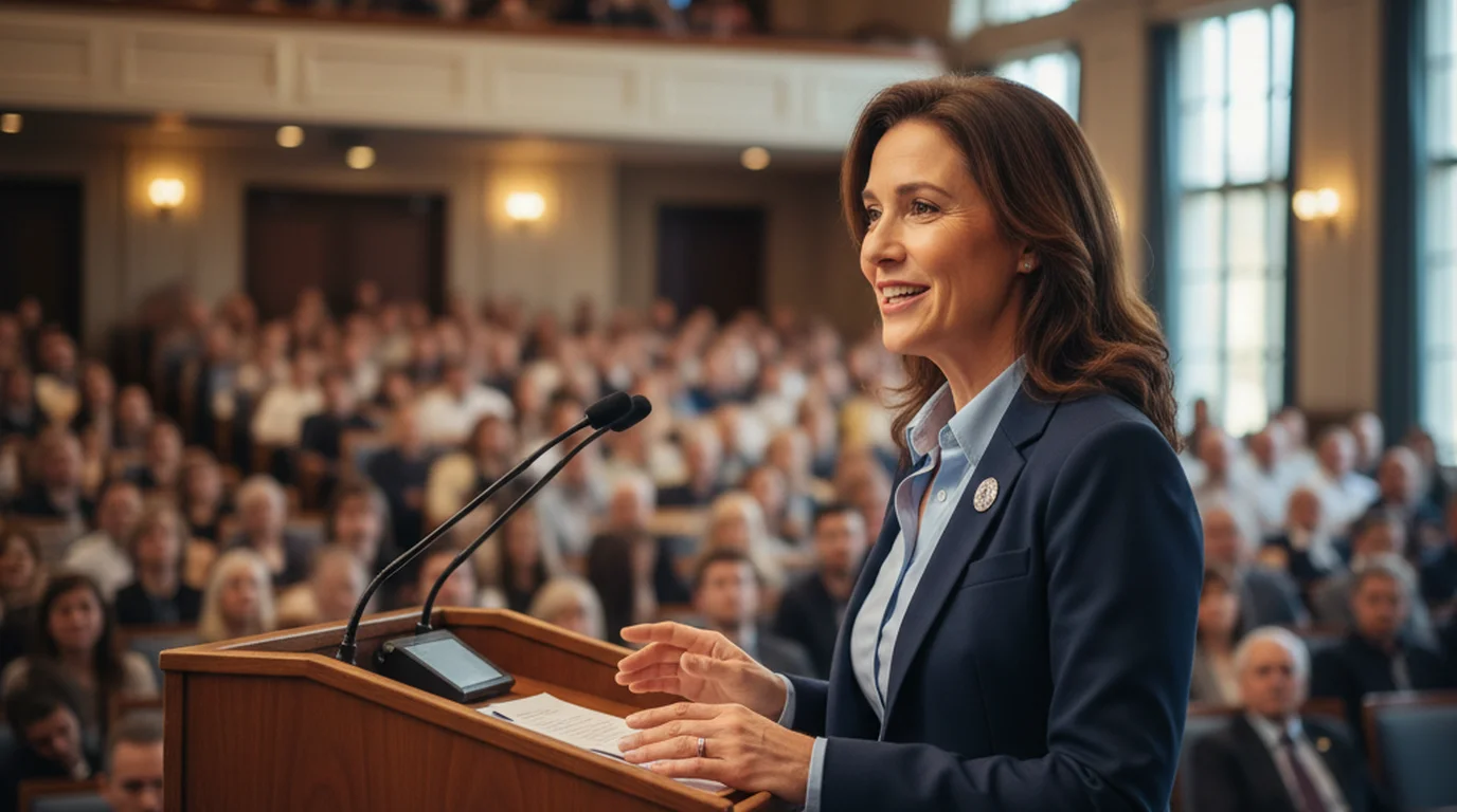 Confident speaker presenting on stage with notes visible on monitor behind the camera