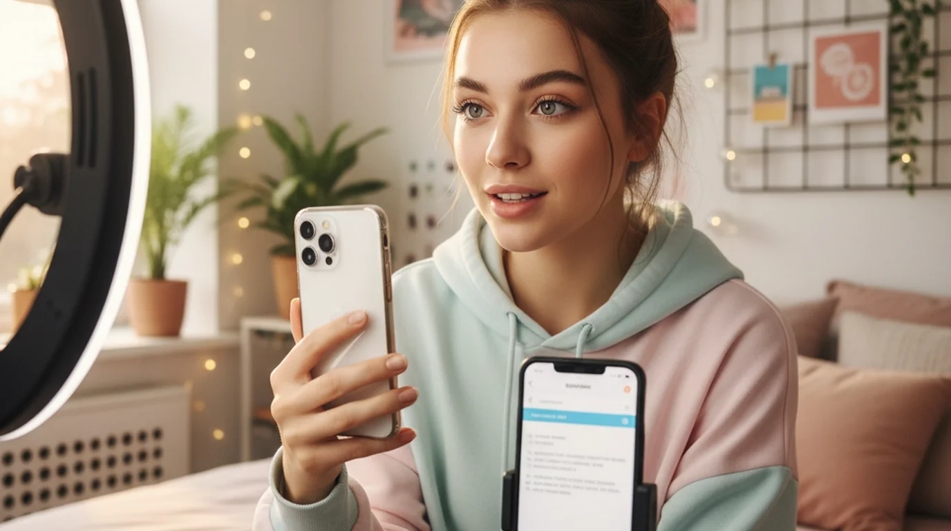 iPhone propped on stand recording TikTok talking head video with teleprompter script visible on screen