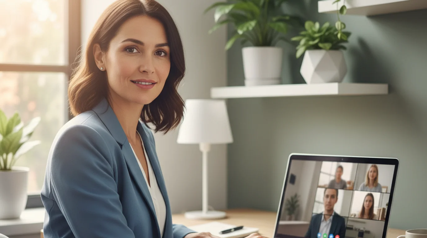 Professional on a Zoom video call at a clean home office, looking confidently into the camera