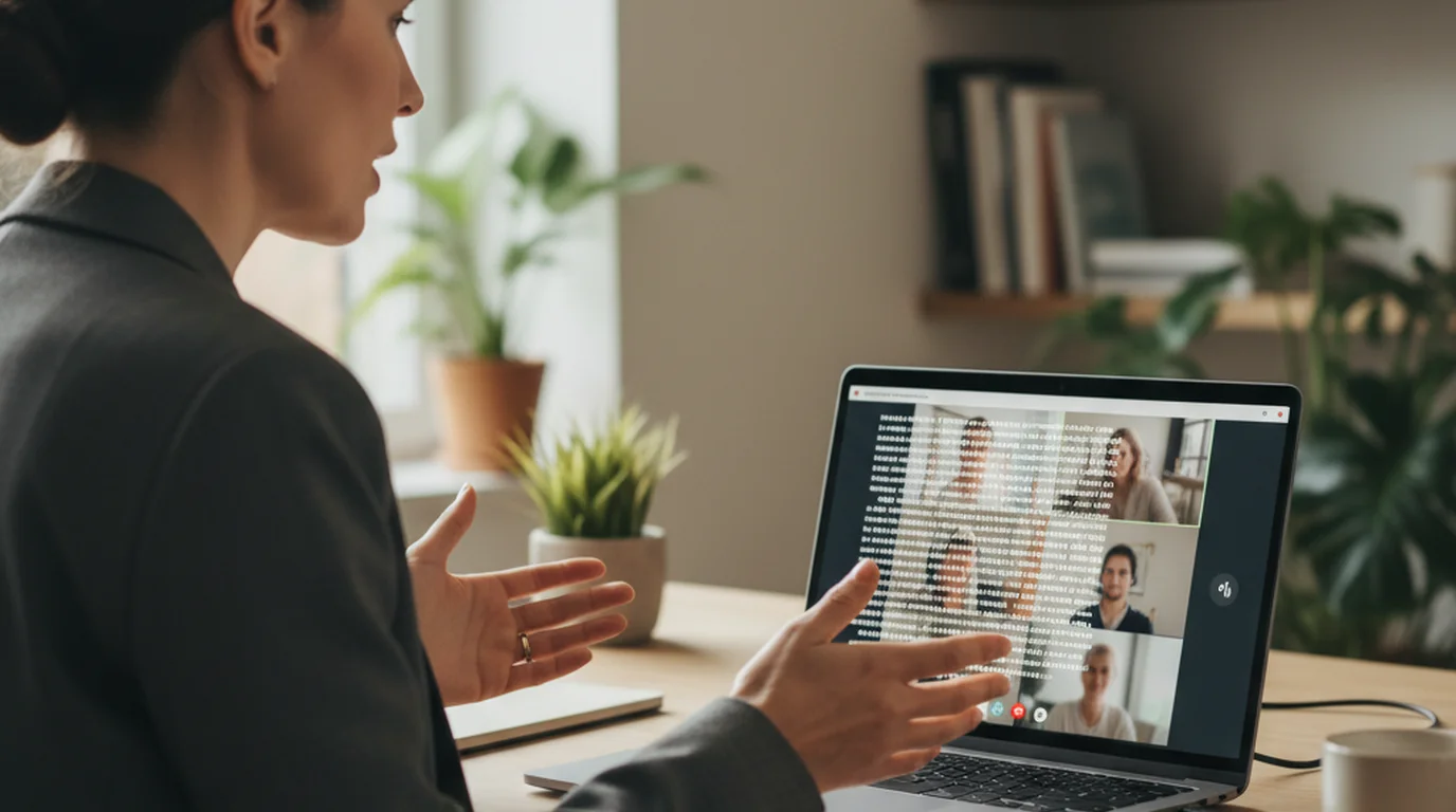 Person on Zoom video call with teleprompter text visible near webcam on Mac laptop