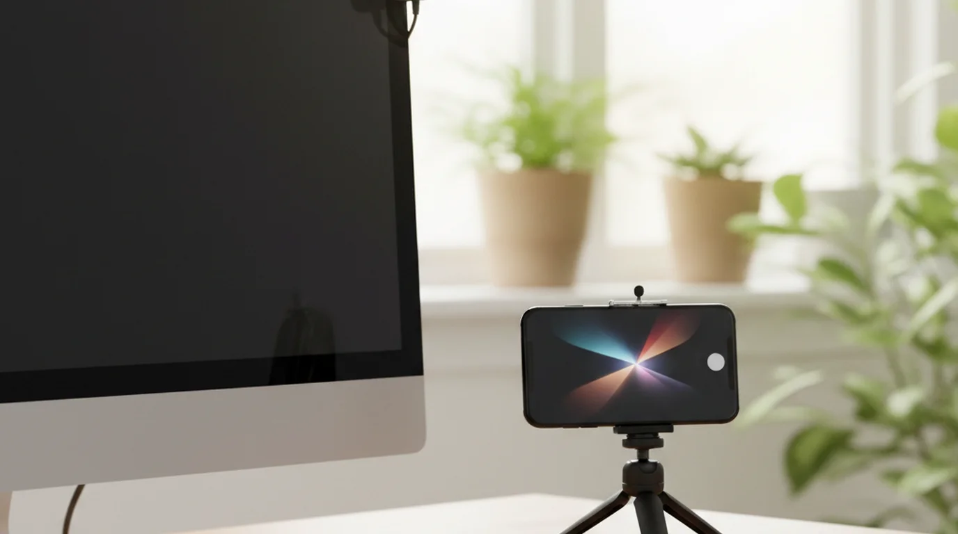 iPhone and webcam side-by-side on a studio desk showing the camera size difference for video recording