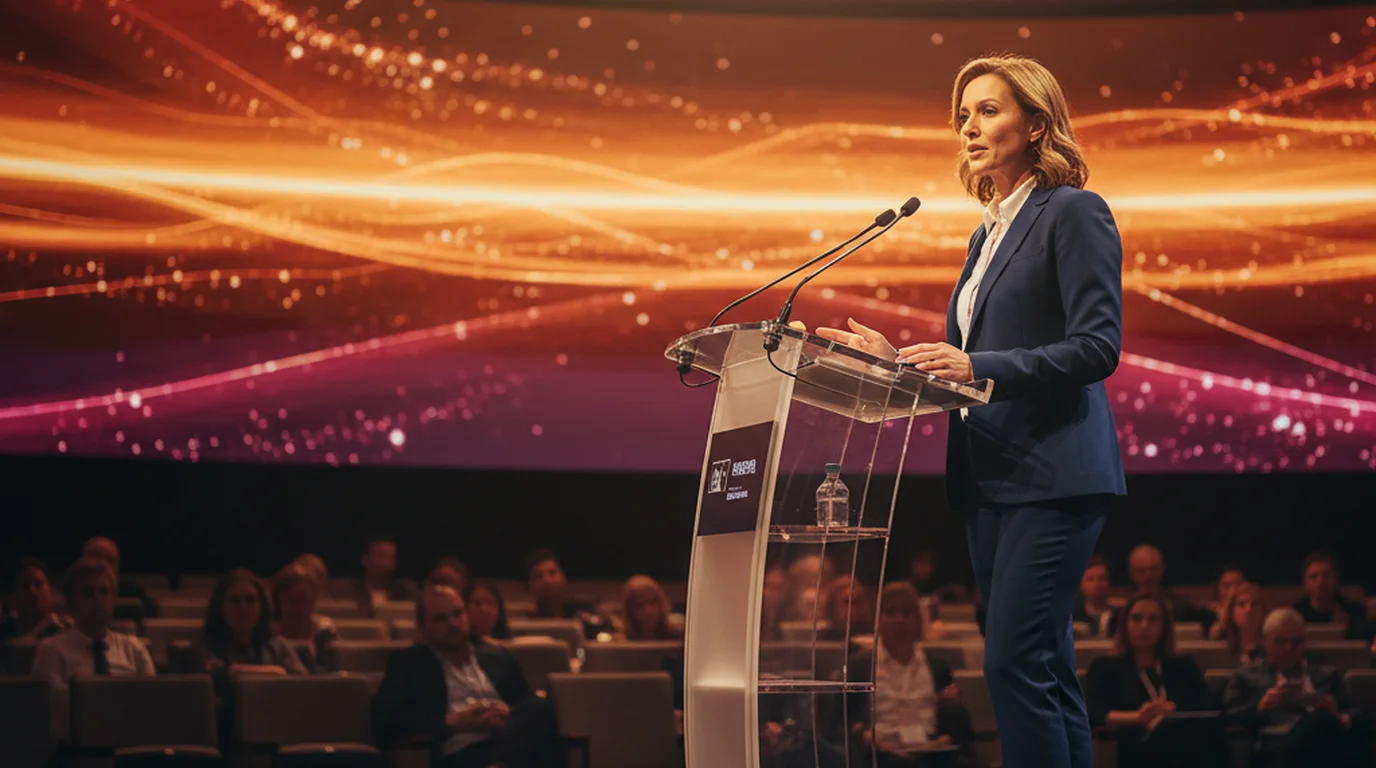 Professional speaker delivering a keynote address at a conference with large audience