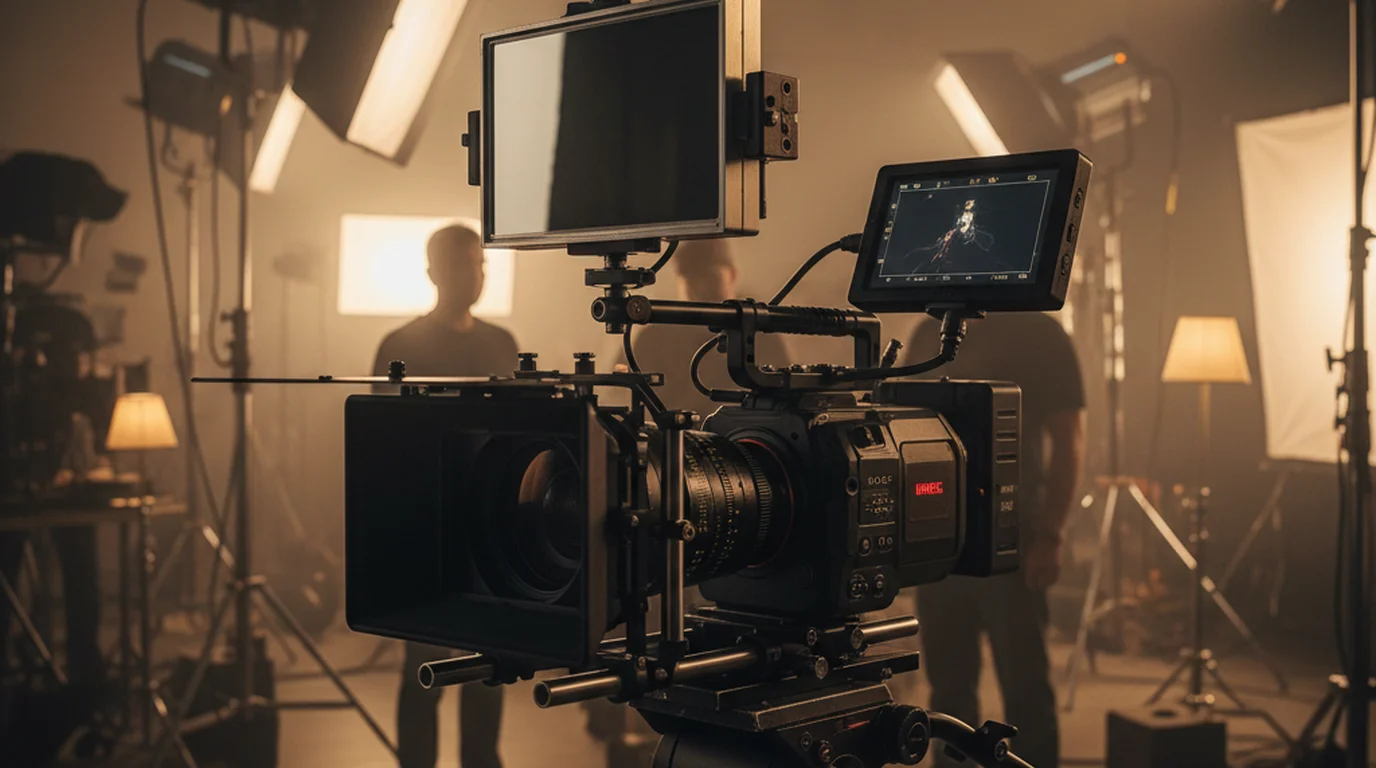 Professional film camera with beam splitter attachment on a movie set