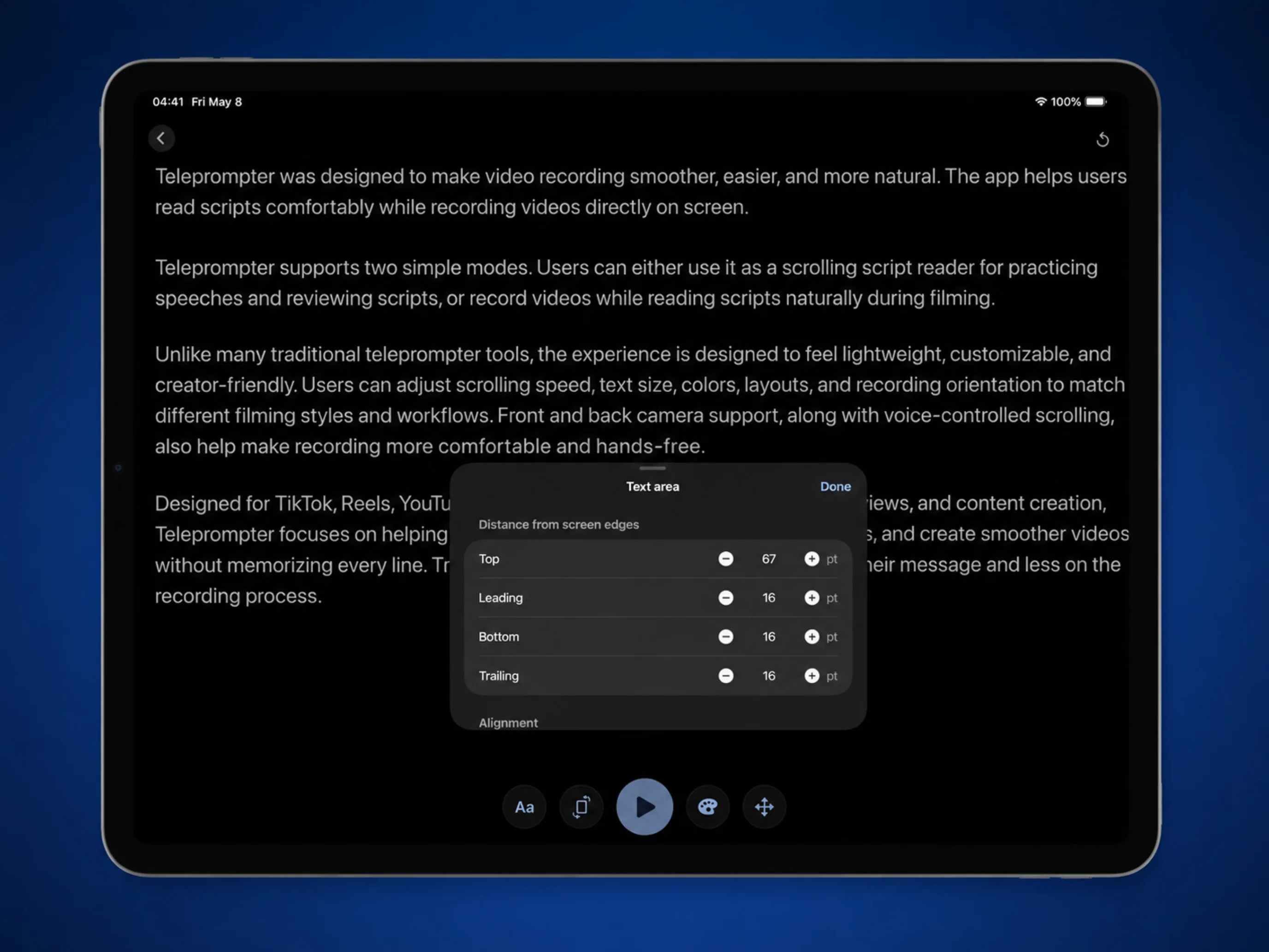 Fully customizable iPad teleprompter with layout and text controls
