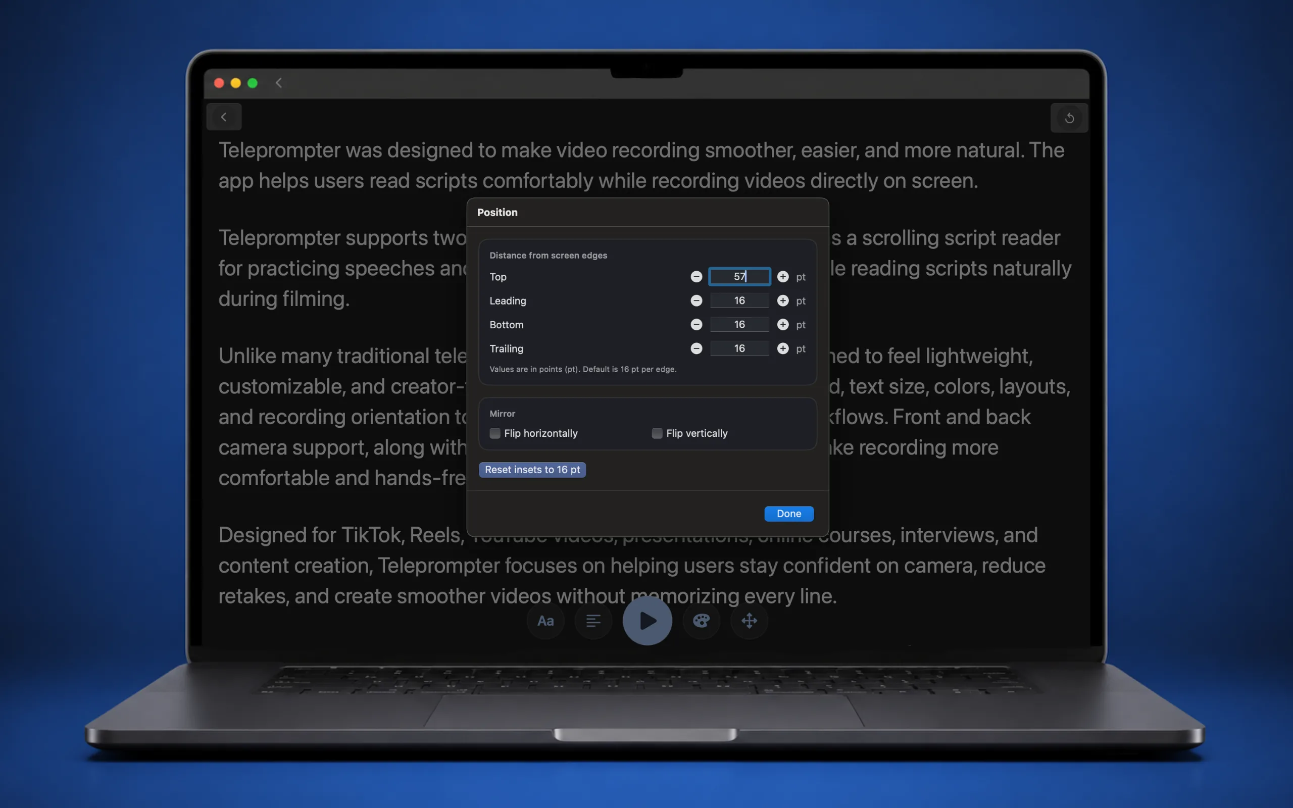 Fully customizable Mac teleprompter with text size position and speed controls